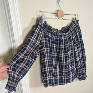 Maven West Off Shoulder Bubble Sleeve Plaid Blouse